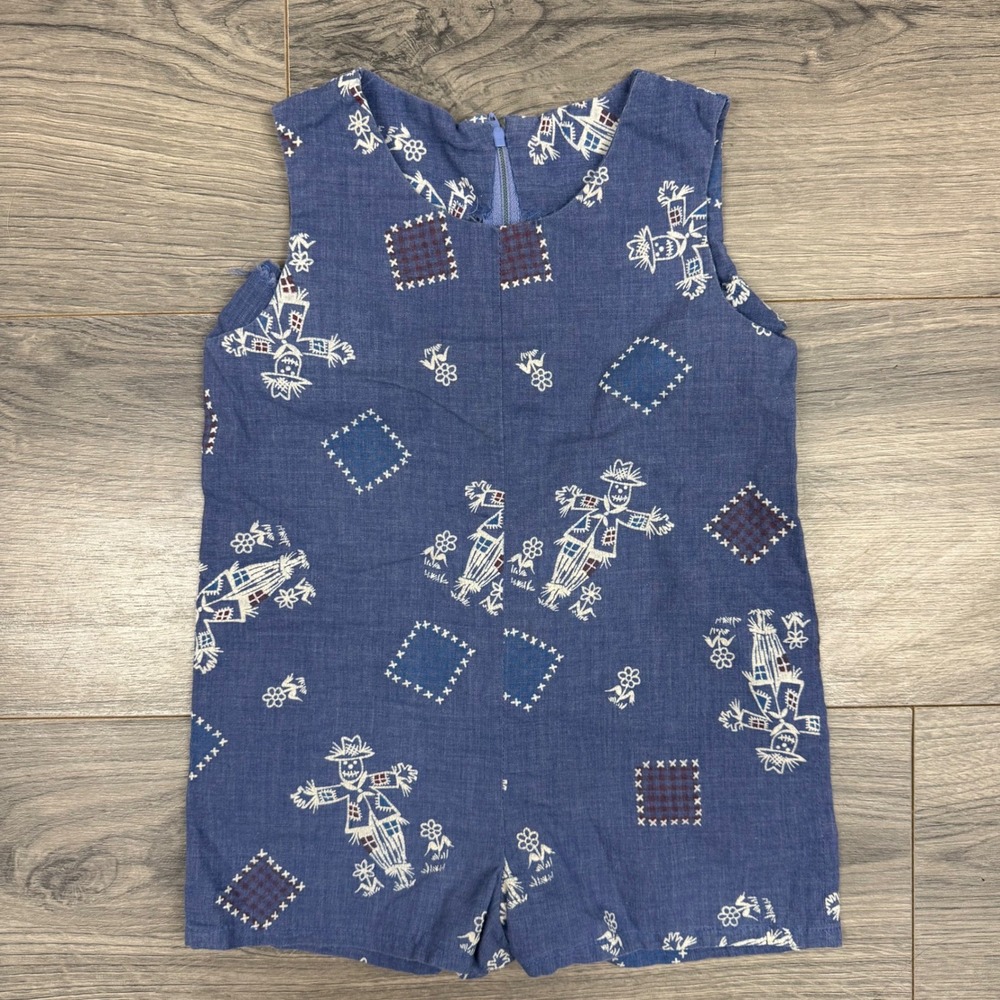 Vtg 70s Romper 12-18M Blue‎ Patchwork Scarecrow Print Zip Back Snap Crotch